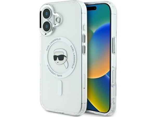 Karl Lagerfeld IML Metal Karl Head MagSafe Apple iPhone 16 Plus - puhelinkotelo valkoinen Karl Lagerfeld IML Metal Karl Head MagSafe Apple iPhone 16 Plus - puhelinkotelo valkoinen