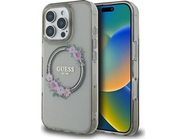 Guess IML Flowers Wreath MagSafe-etui til iPhone 16 Pro - svart