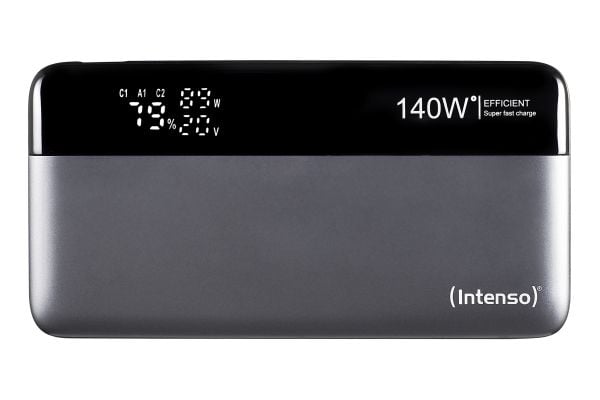 Intenso HE25000 - Strømbank - 25000 mAh - 140 watt - 5 A - Power Delivery 3.1 - 3 utgangskontakter (USB, 2 x USB-C) - grå, svart (en pakke 2)