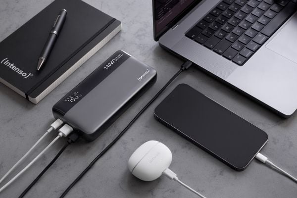 Intenso HE25000 - Strømbank - 25000 mAh - 140 watt - 5 A - Power Delivery 3.1 - 3 utgangskontakter (USB, 2 x USB-C) - grå, svart (en pakke 2)