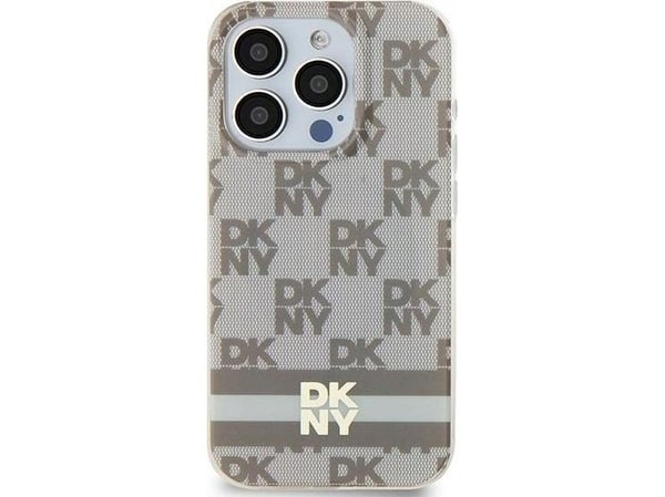 DKNY DKHMP15SHCPTSE iPhone 15/14/13 6.1 tuuman beige/beige kova kotelo IML ruudullinen mono kuvio ja painetut raidat MagSafe