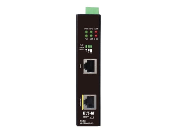 Eaton Tripp Lite Series Industrial Gigabit Ethernet PoE injector, 60W PoE++, 802.3bt, Midspan, -40C to +75C, IP30 housing, Dual 24~57VDC , DIN rail...