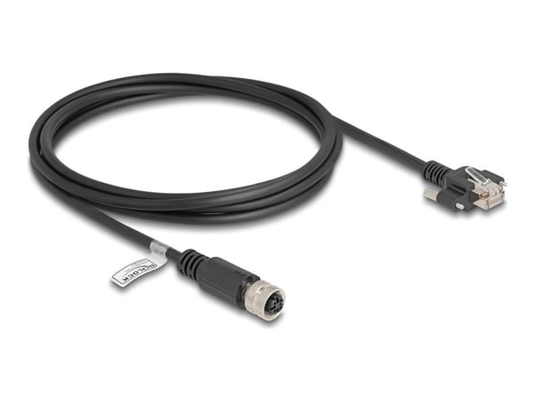 Delock - Nettverkskabel - 4 pin M12-D (hunn) til RJ-45 (hann) skrubar - 2 m - 6.8 mm - FTP - CAT 5e - formstøpt, flertrådet - svart