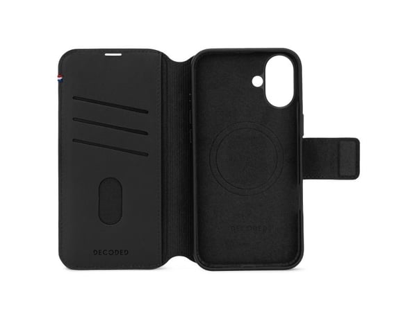 Decoded Leather Detachable Wallet - beskyttende lærveske for iPhone 16 Plus kompatibel med MagSafe (svart)