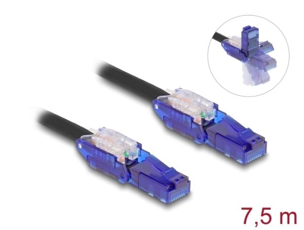Delock - Nettverkskabel - RJ-45 (hann) 180° pivot til RJ-45 (hann) 180° pivot - 7.5 m - 6 mm - UTP - CAT 6 - halogenfri - svart