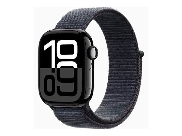 Apple Watch Series 10 (GPS) - 42 mm - jet black aluminium - smart klocka med sportögla - mjukt nylon i dubbla lager - bläck - handledsstorlek: 130-...