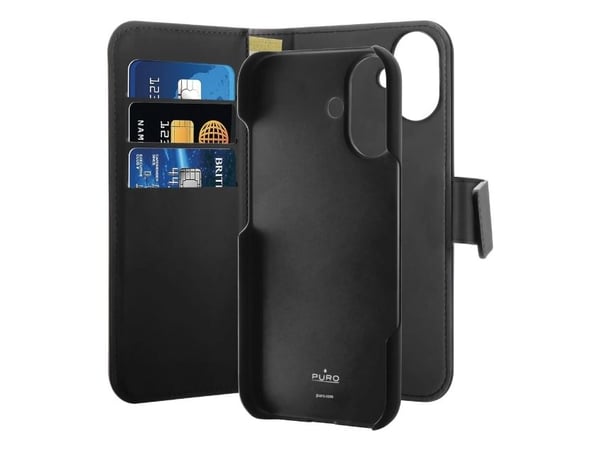 PURO - Lommebok for mobiltelefon - detachable , 2-in-1 - polykarbonat (PC), termoplast-polyuretan (TPU), leatherette - svart - for Apple iPhone 16 ...