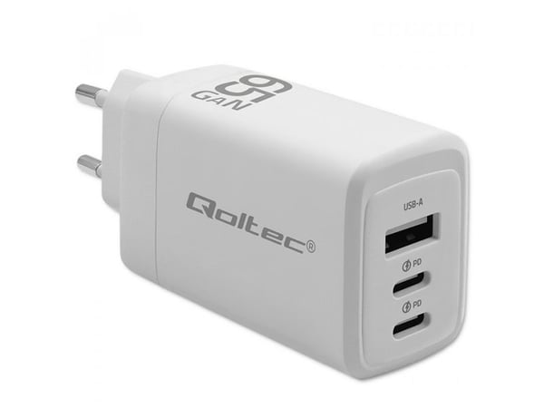 Qoltec 65W GaN lader| 5-20V | 3-3,35A | 2 x USB-C PD | 1 x USB QC 3.0 | Hvit