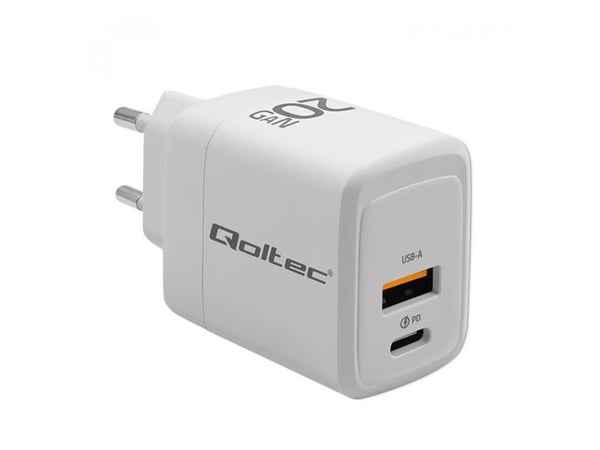 Qoltec - Strømadapter - GaN, 5-20V, 1.5-3A - 20 watt - 3 A - PD, QC 3.0 - 2 utgangskontakter (USB, USB-C (PD)) - hvit