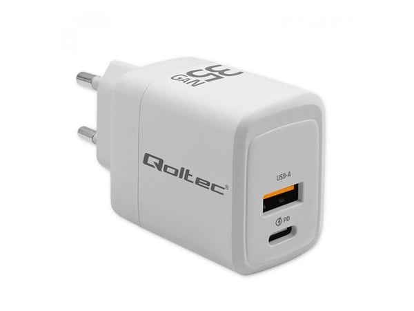 Qoltec - Strømadapter - GaN, 5-20V, 1.5-3A - 35 watt - 3 A - PD, QC 3.0 - 2 utgangskontakter (USB, USB-C (PD)) - hvit