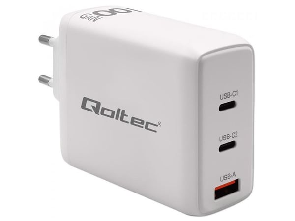 Qoltec 100W GaN lader| 5-20V | 1,5-5A | 2 x USB-C PD | 1 x USB QC 3.0 | Hvit