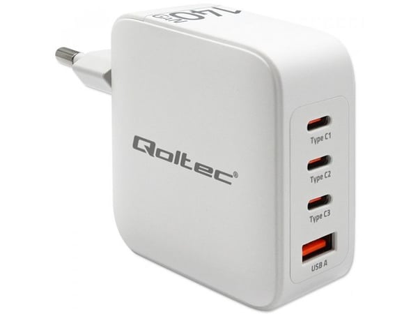 Qoltec - Strømadapter - GaN, 5-20V, 2.5-5A - 140 watt - 5 A - PD, QC 3.0 - 4 utgangskontakter (USB, 3 x USB-C (PD)) - hvit
