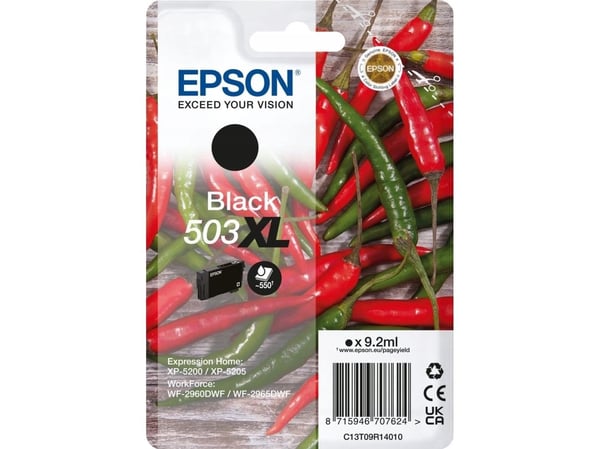 Epson 503XL - 9.2 ml - XL - svart - original - blære med RF/lyd-alarm - blekkpatron - for Expression Home XP-5200, XP-5205; WorkForce WF-2960DWF, W...