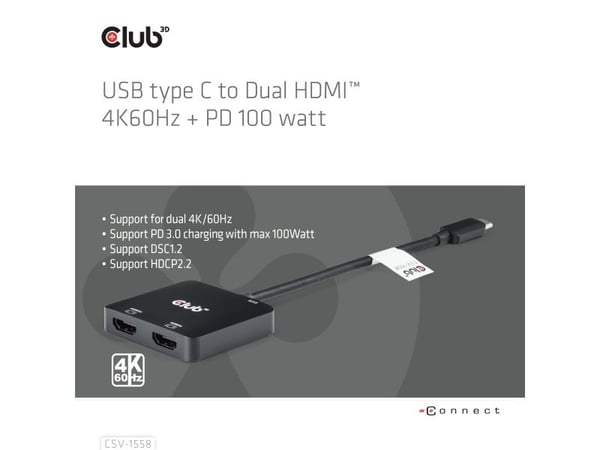 Club 3D - Video adapter - 24 pin USB-C hann til HDMI hunn - 15 cm - USB Power Delivery (100 W), 4K 60Hz støtte