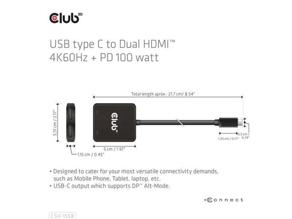Club 3D - Video adapter - 24 pin USB-C hann til HDMI hunn - 15 cm - USB Power Delivery (100 W), 4K 60Hz støtte