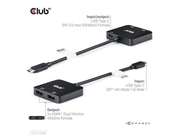 Club 3D - Video adapter - 24 pin USB-C hann til HDMI hunn - 15 cm - USB Power Delivery (100 W), 4K 60Hz støtte
