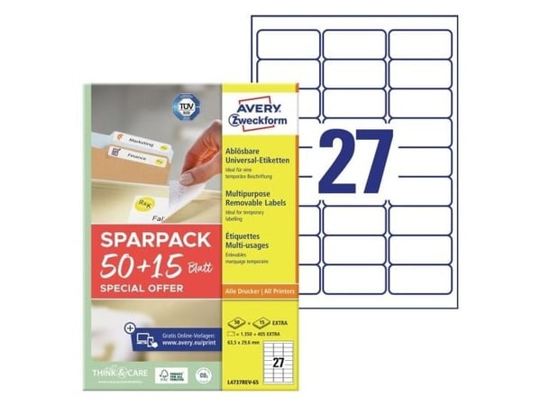 Avery L4737REV-65, hvit, selvklebende skriveretikett, A4, papir, laser/blekkstråleskriver, avtagbar