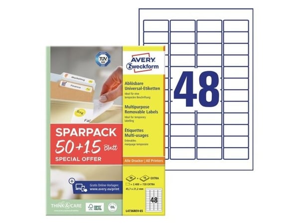 Avery L4736REV-65, hvit, selvklebende skriveretikett, A4, papir, laser/blekkstråleskriver, avtagbar