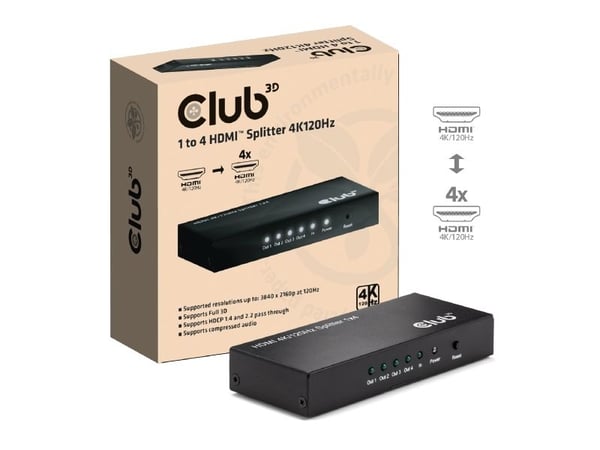 CLUB3D Umschalter, HDMI, 4x HDMI, 3840 x 2160 piksler, Sort, 4K Ultra HD, 1.4/2.2