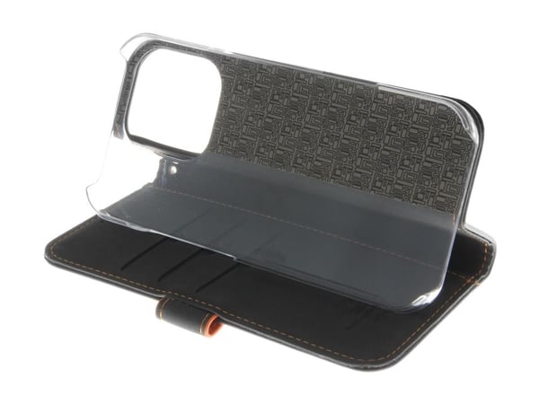 Insmat Exclusive - Lommebok for mobiltelefon - ekte skinn, kartong+papir+aluminiumsfolie, polykarbonat (PC), bomullssting - svart / oransje - for A...