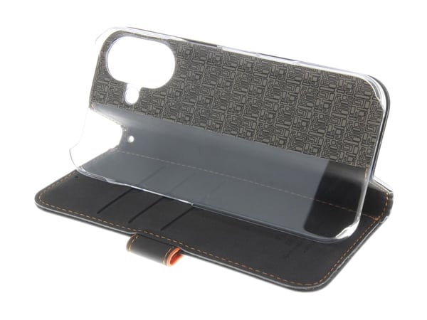 Insmat Exclusive - Lommebok for mobiltelefon - ekte skinn, kartong+papir+aluminiumsfolie, polykarbonat (PC), bomullssting - svart / oransje - for A...