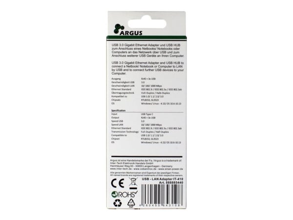 Argus IT-410 - Hubb - 3 x SuperSpeed USB 3.0 + 1 x 10/100/1000 - skrivbordsmodell