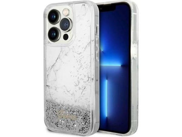 Guess GUHCP14XLCSGSGH iPhone 14 Pro Max 6,7" hårt skal i vit Liquid Glitter Marble