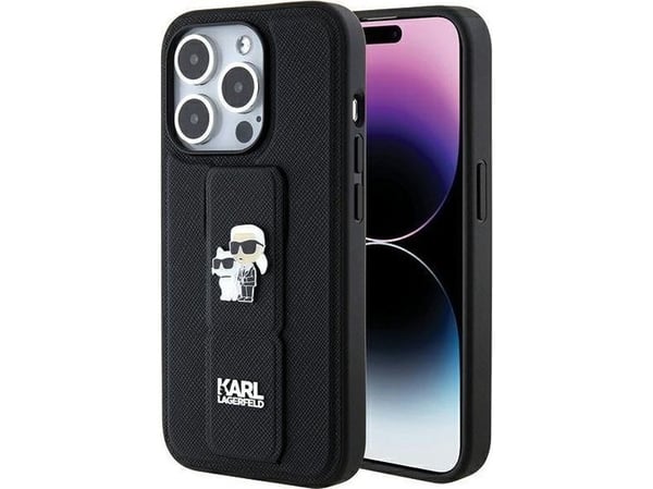 Karl Lagerfeld Gripstand Saffiano Karl&amp;Choupette Pins dėklas iPhone 15 Pro - juodas