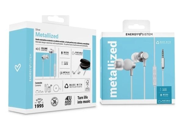 Energy Sistem Metallized, Koblet med ledninger (ikke trådløs), Samtaler/musikk, 20 - 20000 Hz, 12 g, Hodesett, Sølv, Hvit