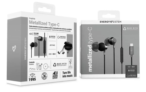 Energy Sistem Metallized Type C, Koblet med ledninger (ikke trådløs), Samtaler/musikk, 20 - 20000 Hz, 14 g, Hodesett, Svart, Grå