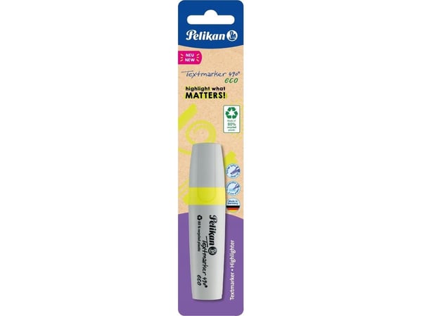 Pelikan Textmarker 490 eco, 1 stykker, Gult, Meisel tupp, Resirkulert plast, Fet/fin/middels, 1 mm