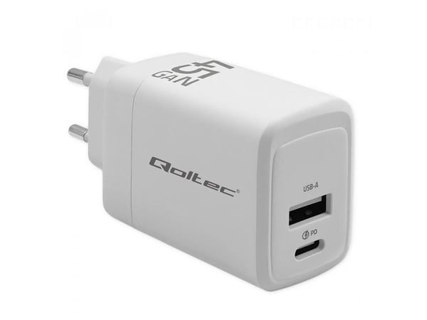 Qoltec - Strømadapter - GaN, 5-20V, 1.5-3A - 45 watt - 3 A - PD, QC 3.0 - 2 utgangskontakter (USB, USB-C (PD)) - hvit
