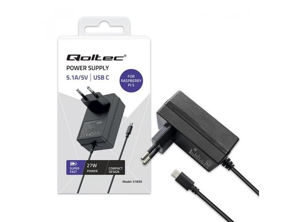 Qoltec - Strømadapter - super fast PD, 5.1V, 5A - 27 watt - 5 A - PD (USB-C) - svart