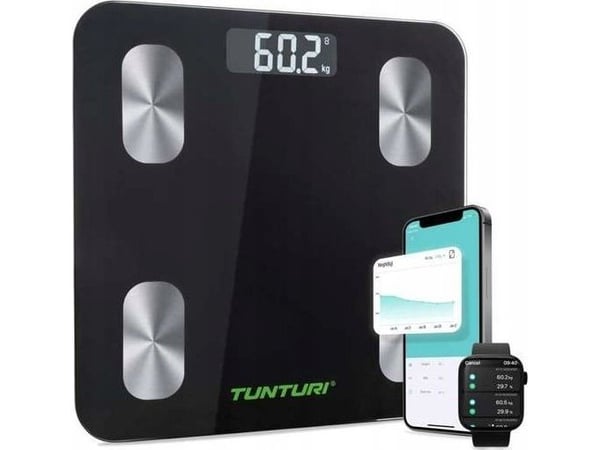 Tunturi 14TUSSP001, Sähkökäyttöinen henkilövaaka, 180 kg, 100 g, musta, Hopea, kg/lb, Neliö