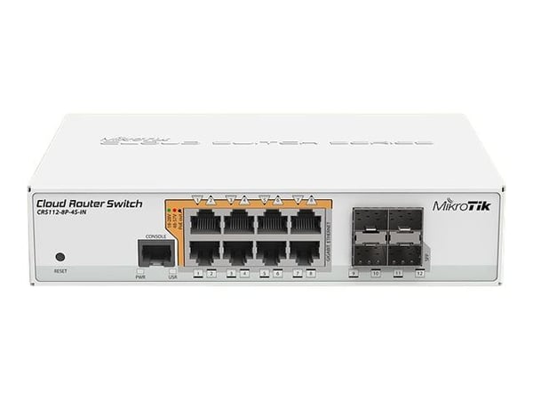 MikroTik Cloud Router Switch CRS112-8P-4S-IN - Switch - L3 - Styrt - 8 x 10/100/1000 (PoE) + 4 x SFP - stasjonær, rackmonterbar - PoE+ - DC-strøm