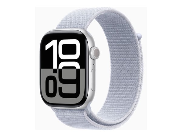 Apple Watch Series 10 (GPS) - 46 mm - sølvaluminium - smartklokke med sportssløyfe - myk dobbeltlagsnylon - blå sky - håndleddstørrelse: 130-200 mm...