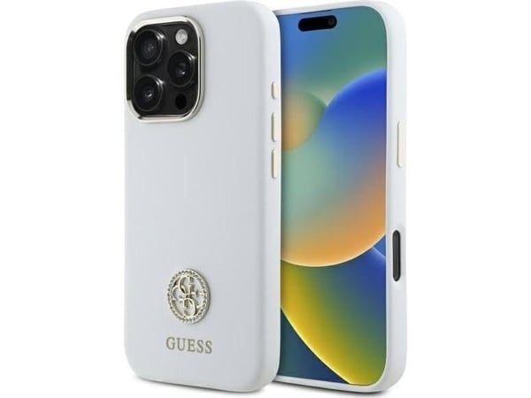 Guess Guess GUHCP16LM4DGPH iPhone 16 Pro 6.3" valkoinen/valkoinen kotelo Silikoni Logo Strass 4G