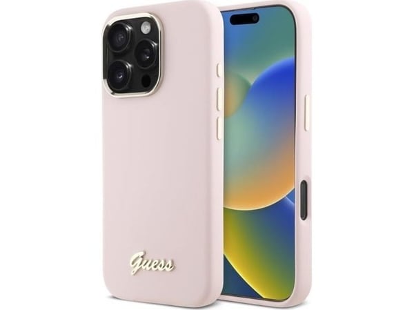 Guess Guess GUHCP16LSMBSLP iPhone 16 Pro 6.3" różowy/pinkki kovakotelo Silikoni Script Metallinen logo ja kehys