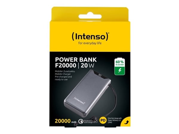Intenso F20000 - Strømbank - 20000 mAh - 20 watt - 3 A - QC 3.0, Power Delivery 3.0 + PPS - 2 utgangskontakter (24 pin USB-C, USB-type A) - på kabe...