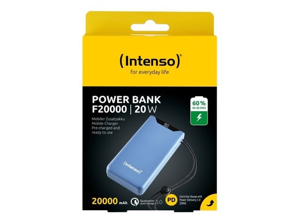 Intenso F20000 - Strømbank - 20000 mAh - 20 watt - 3 A - QC 3.0, Power Delivery 3.0 + PPS - 2 utgangskontakter (24 pin USB-C, USB-type A) - på kabe...