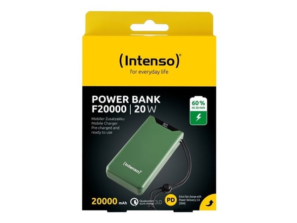 Intenso F20000 - Strømbank - 20000 mAh - 20 watt - 3 A - QC 3.0, Power Delivery 3.0 + PPS - 2 utgangskontakter (24 pin USB-C, USB-type A) - på kabe...