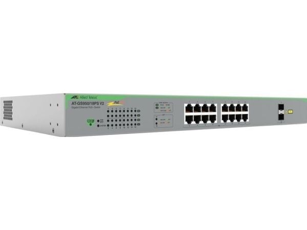 Allied Telesis AT GS950/18PS V2 - Switch - smart - 16 x 10/100/1000 (PoE+) + 2 x 1000Base-X - skrivbordsmodell, rackmonterbar, väggmonterbar - PoE+...