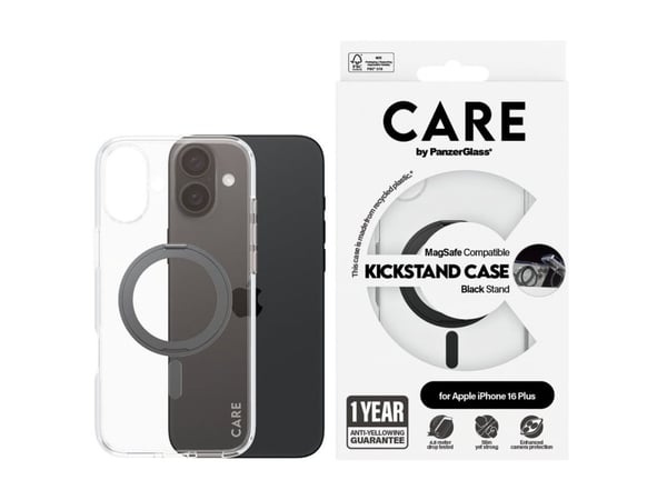 CARE by PanzerGlass - Baksidedeksel for mobiltelefon - MagSafe-samsvar - resirkulert plast - gjennomsiktig, svart - for Apple iPhone 16 Plus