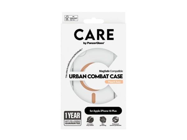 PanzerGlass CARE™ by ® Urban Combat Case Transparent w. Peachy MagSafe iPhone 16 Plus, Suojus, Apple, Apple - iPhone 16 Plus, Läpinäkyvä