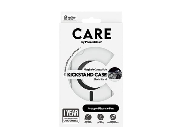 CARE by PanzerGlass - Baksidedeksel for mobiltelefon - MagSafe-samsvar - resirkulert plast - gjennomsiktig, svart - for Apple iPhone 16 Plus