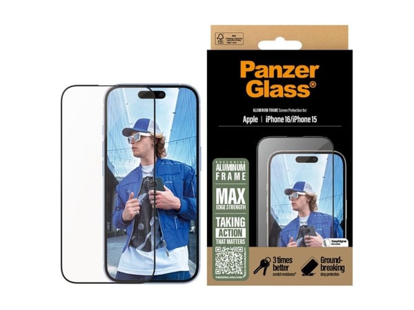 PanzerGlass - Skjermbeskyttelse for mobiltelefon - ultrabred passform - glass - rammefarge svart - for Apple iPhone 16