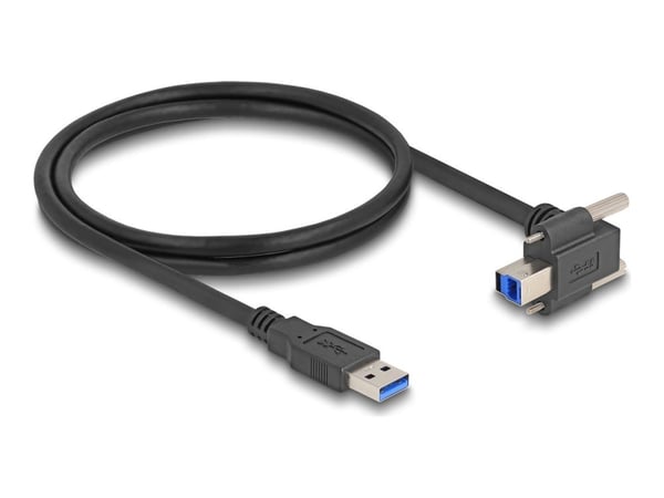 Delock USB 5 Gbps -kaapeli USB-tyypin A uros suoraan USB-tyypin B urokseen, ruuviväli 22 mm 90° ylöspäin taivutettuna