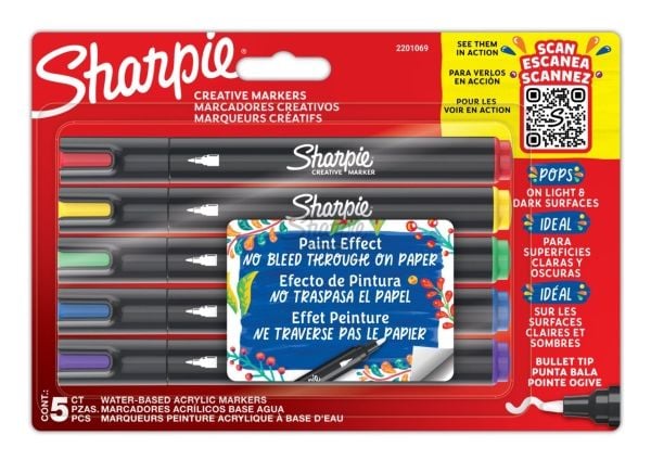 Sharpie 2201069, 5 kpl, Sininen, Vihreä, Punainen, Violetti, Keltainen, Pyöreä pää, musta, Kupla
