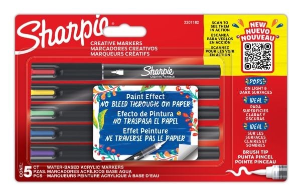 Sharpie 2201182, 5 kpl, Sininen, Vihreä, Punainen, Violetti, Keltainen, Harjaspää, musta, 1,2 mm, Kupla