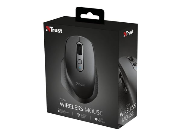 Trust Ozaa - Mus - multienhet - høyrehendt - optisk - 6 knapper - trådløs - 2.4 GHz, Bluetooth - USB trådløs mottaker - svart